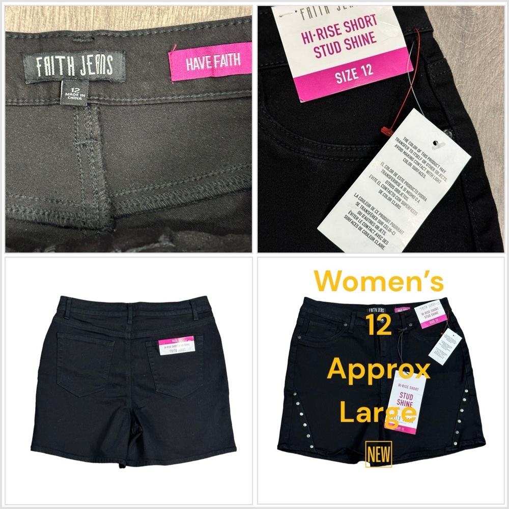 Women's Faith Jeans 12 Large Shorts Black Jean Denim Hi Rise Stud Stretch NWT